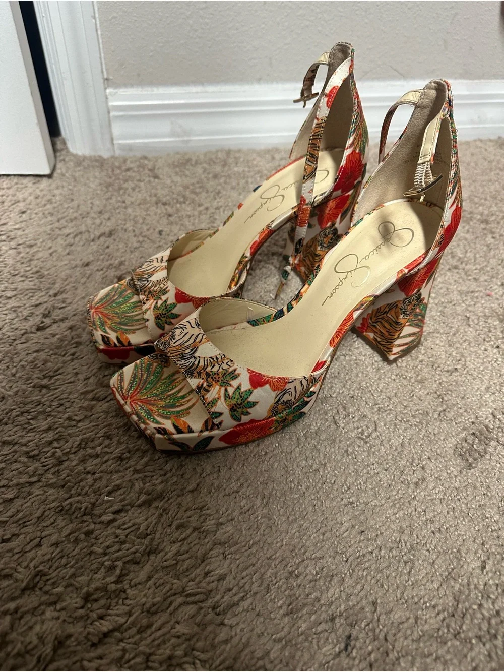 Jessica Simpson Multicolor Tropical Tiger Print Block Heels